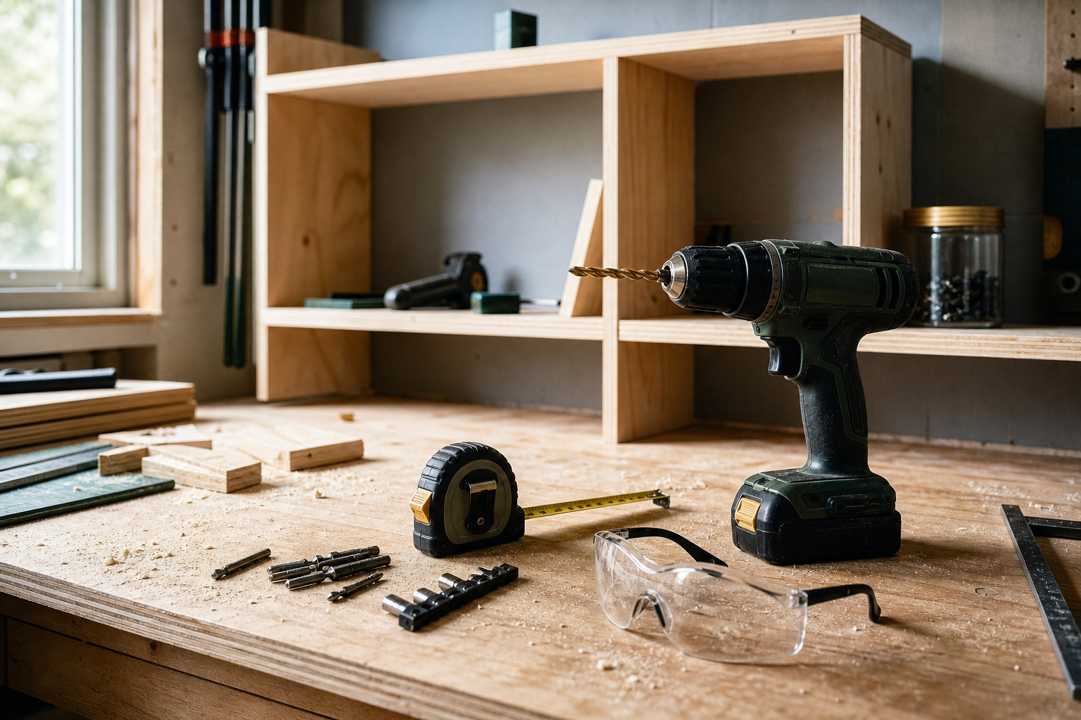 Accuboormachine met meetlint, bits en veiligheidsbril op een houten werkbank