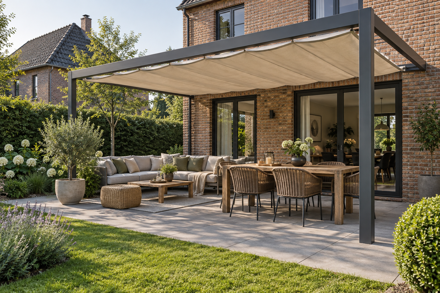 Illustratie: open pergola met doek bij een bakstenen woning