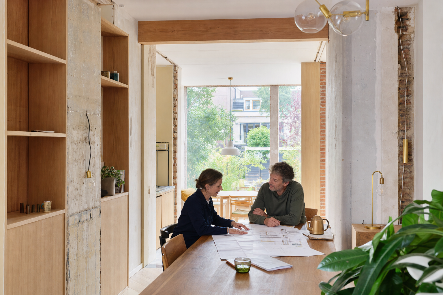 Bewoner en architect bespreken bouwtekeningen in een huis dat wordt verbouwd