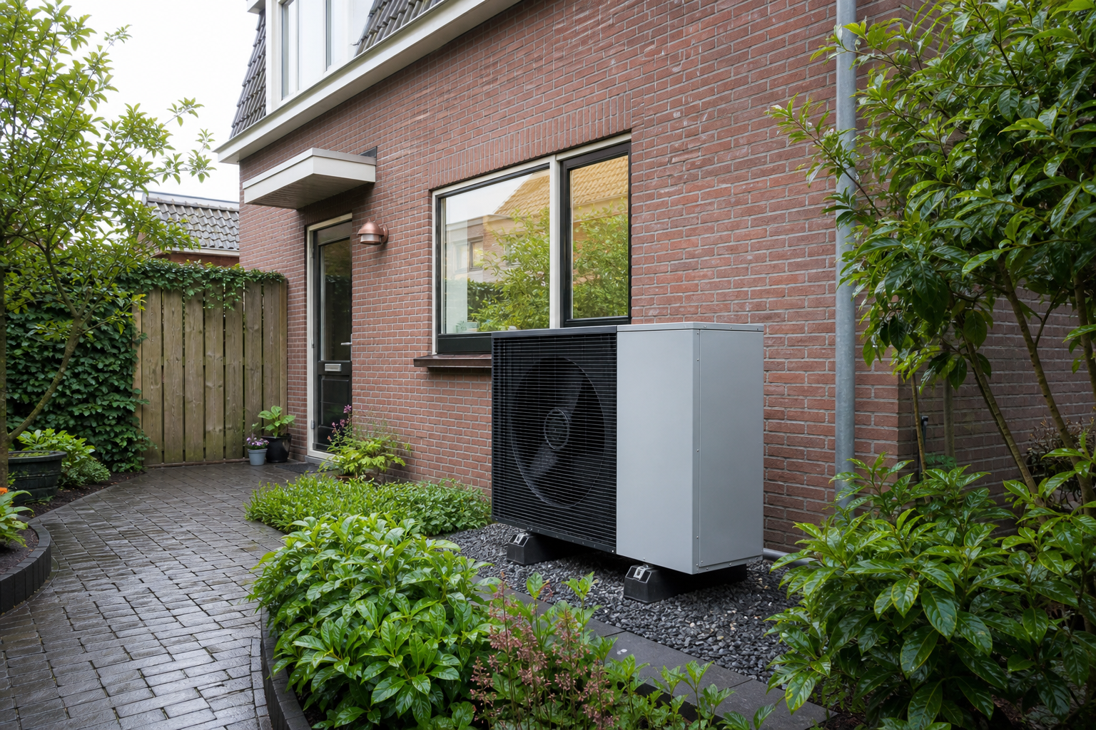 Buitenunit van een warmtepomp naast een bakstenen woning met groene beplanting
